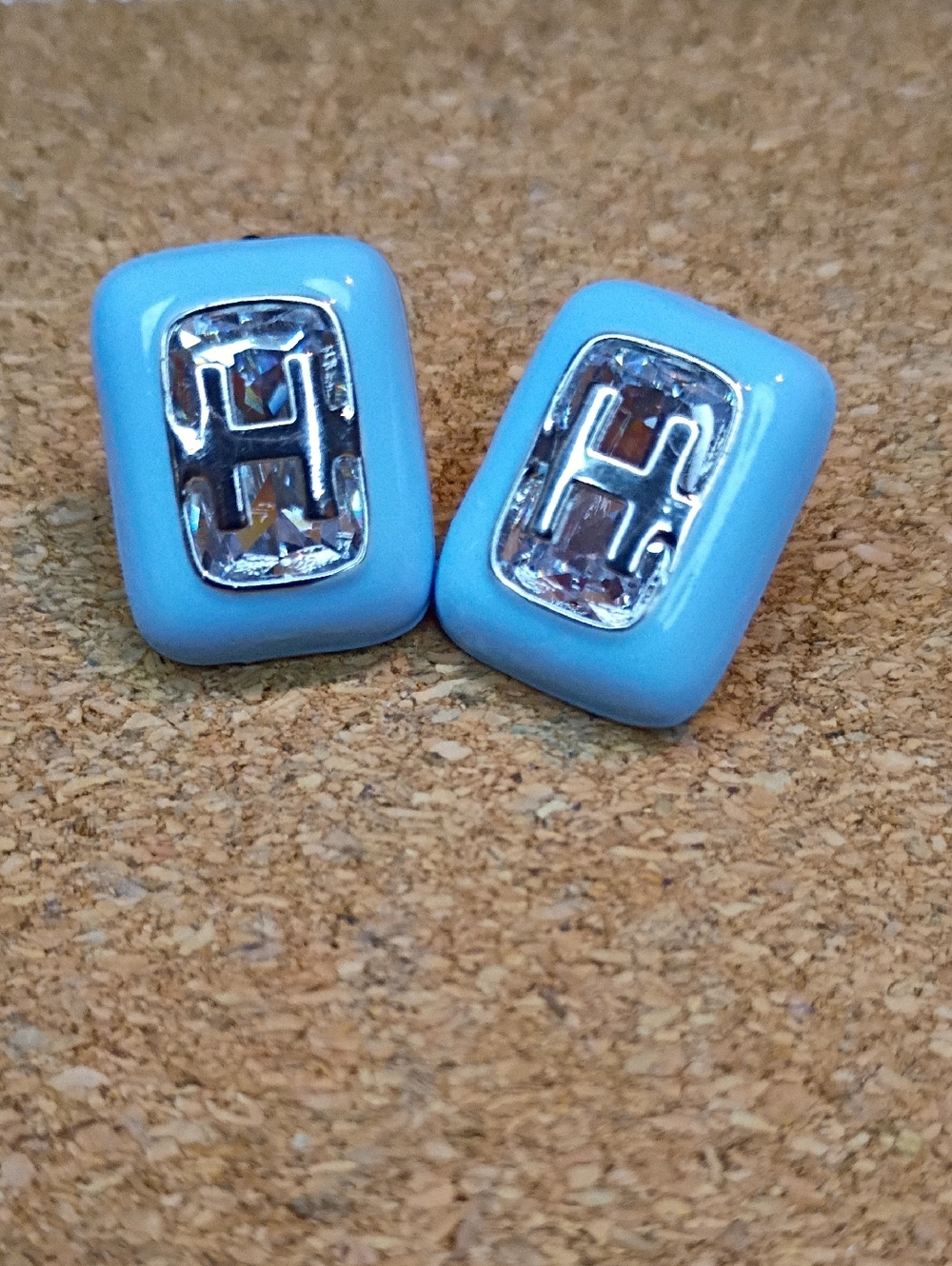 New Blue "H" Stud Earrings with Silver Tone Accent
